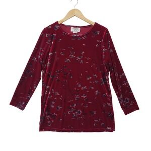 Cervelle Velvet Floral Top Womens Size S Red Vintage 90s Long Sleeve Tunic Boho